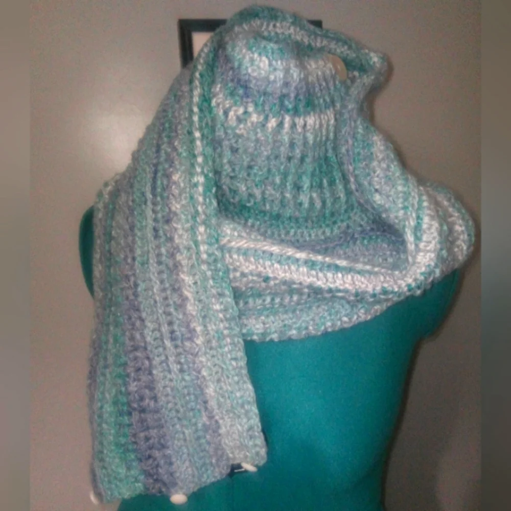 Handcrafted Crochet Textured Blues Multiwear Scarf NEW